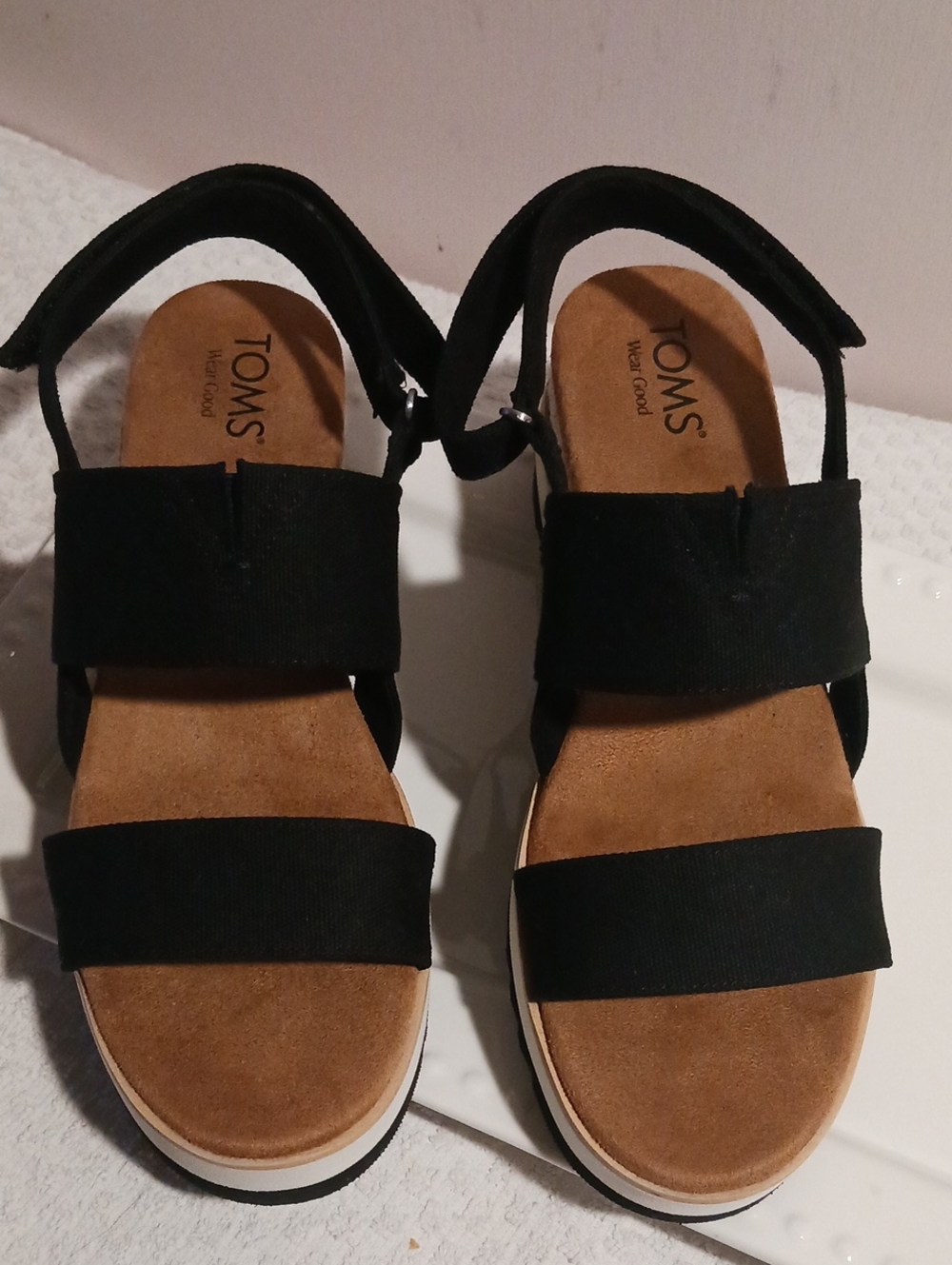 TOMS Black Canvas Dual-Strap Platform Wedge Sandals 9.5